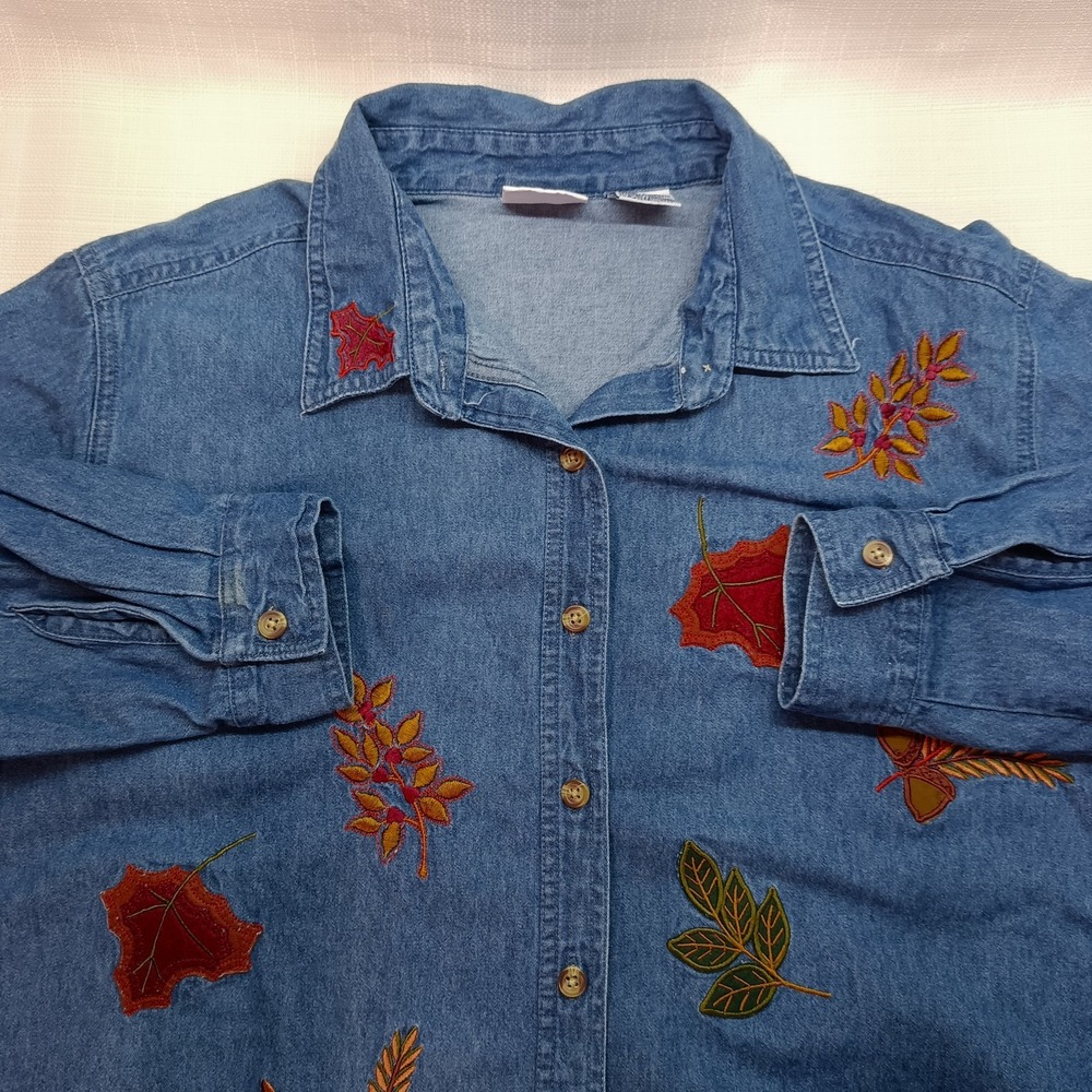 Bobbie Brooks Chambray Shirt Womens 18W/20W Blue Button Up Embroidered Fall 90s
